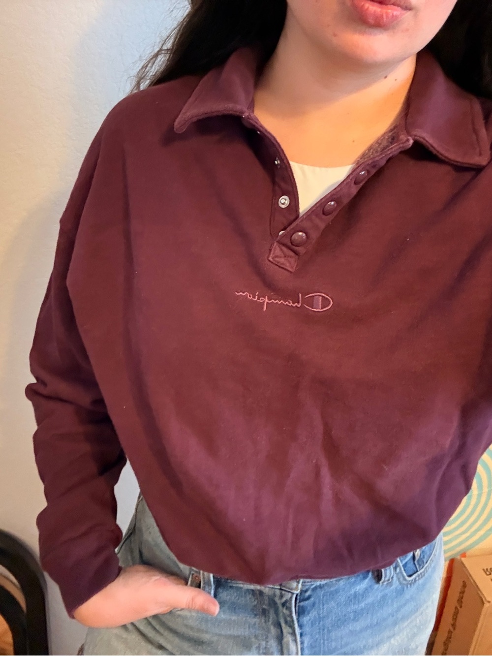 Champion Maroon Collared Quarter Button Pullover Crop Sweatshirt Size Large